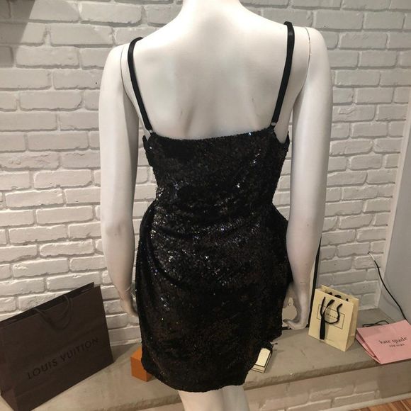 PEACOCK COLOR DISTRESSED SEQUIN ASYMETRICAL COCKTAIL GATHERED MINI DRAPED NECK - Picture 6 of 12